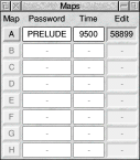 Map list window, showing passwords and time limits