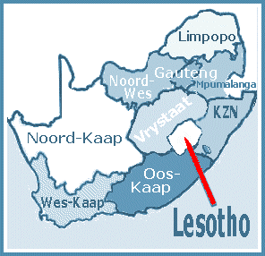 Kaart wat die ligging van Lesotho binne Suid-Afrika aandui