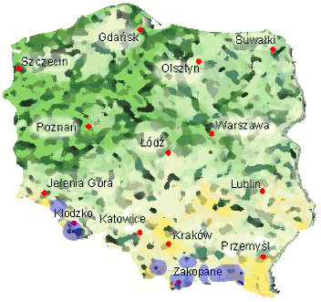 Klikliwa mapa Polski z zaznaczonymi om≤wionymi rejonami