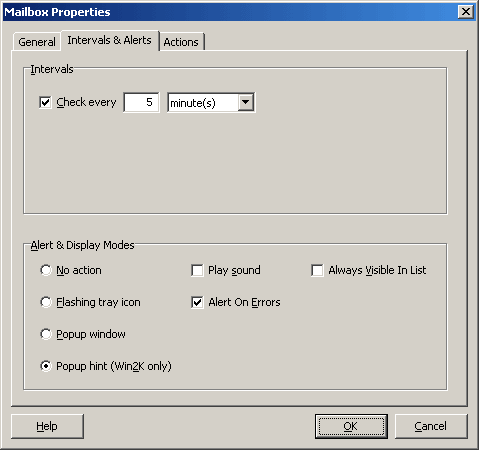 Mailbox Properties Window -> 'Intervals & Alerts' Tab