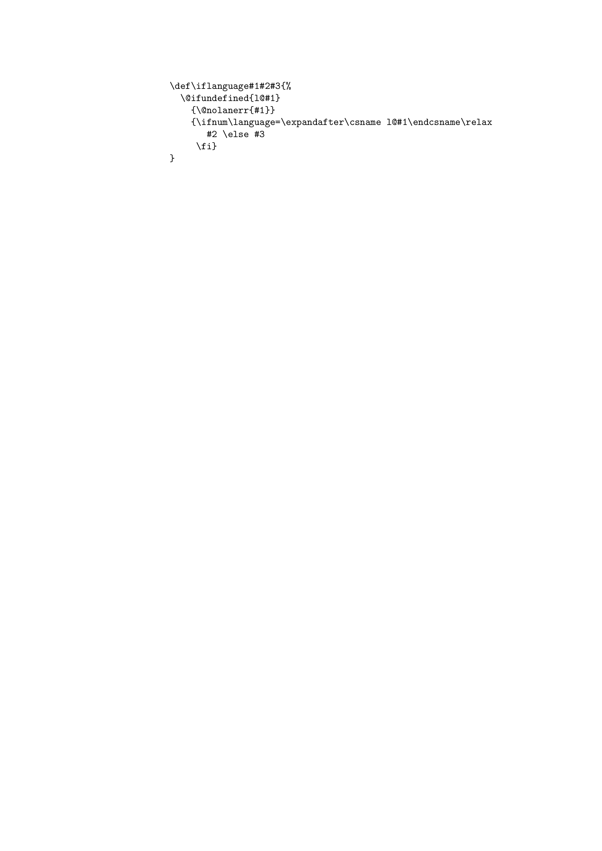 \begin{figure*}\begin{verbatim}% File : language.dat
% Purpose : tell iniTeX w...
...sdutch hyphen.dutch % Nederlands
german hyphen.ger\end{verbatim}
\end{figure*}