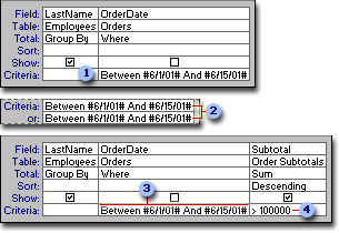 Specifying criteria in the query design grid