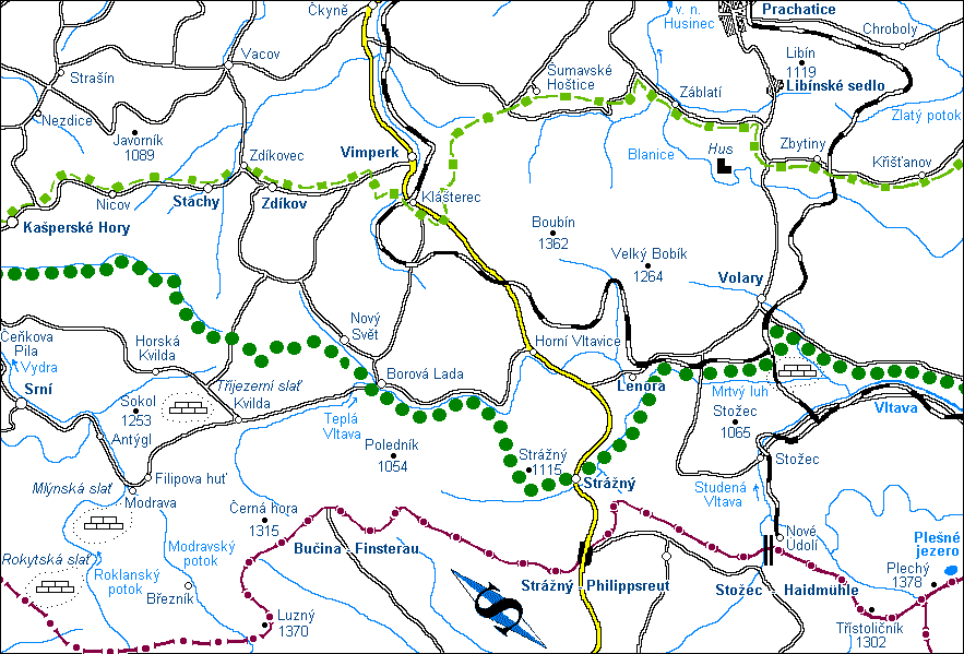 Podrobna mapa stredni Sumavy