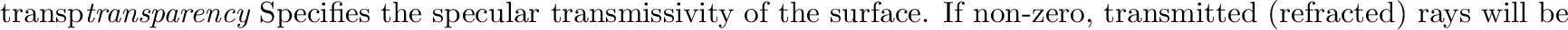 \begin{defkey}{body}{\evec{color}}
Specifies the body color of the object. The ...
...affects the color of rays that are transmitted through the
object.
\end{defkey}